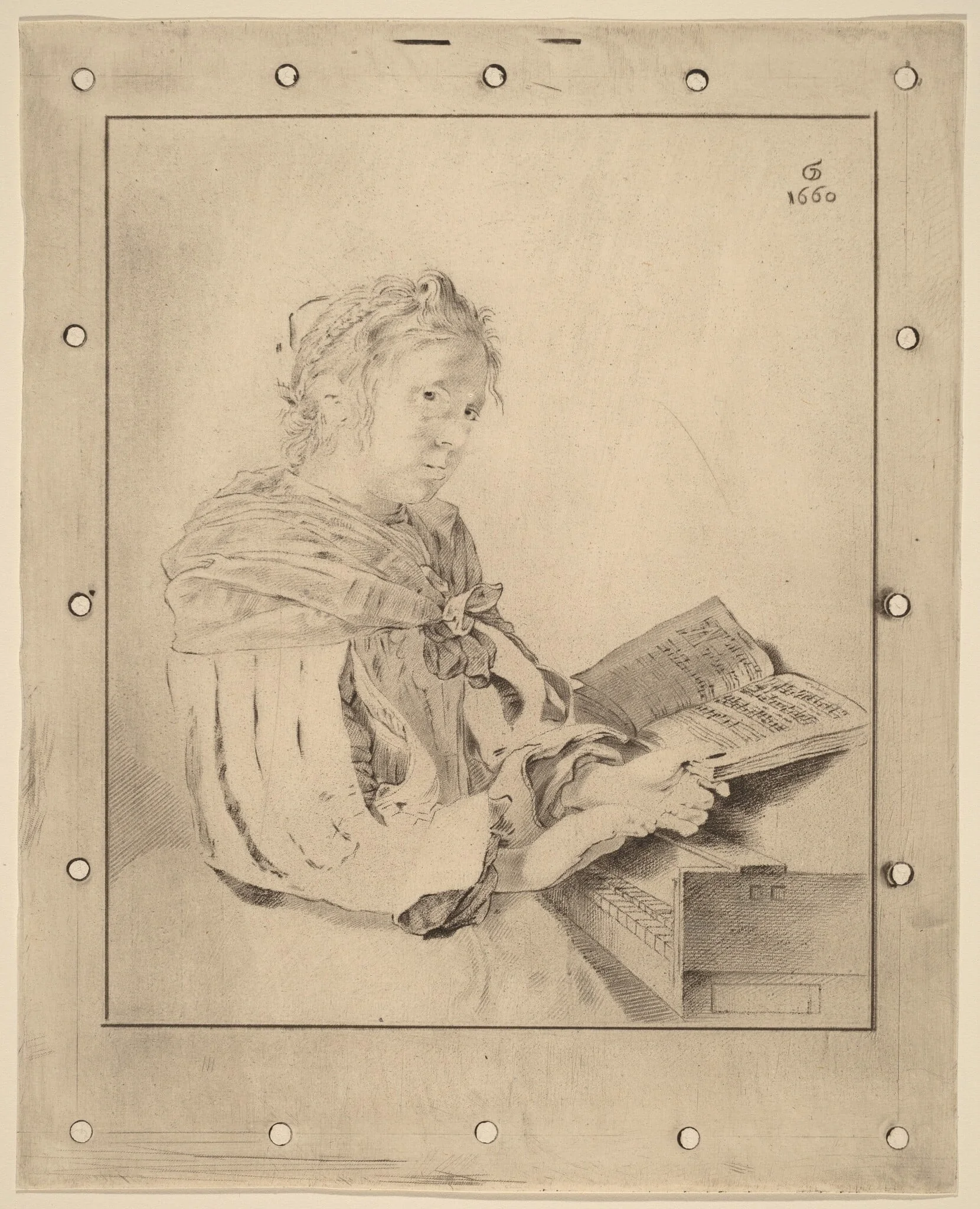 Young Girl at the Keyboard, by Jacobus Buys, chalk, 1767