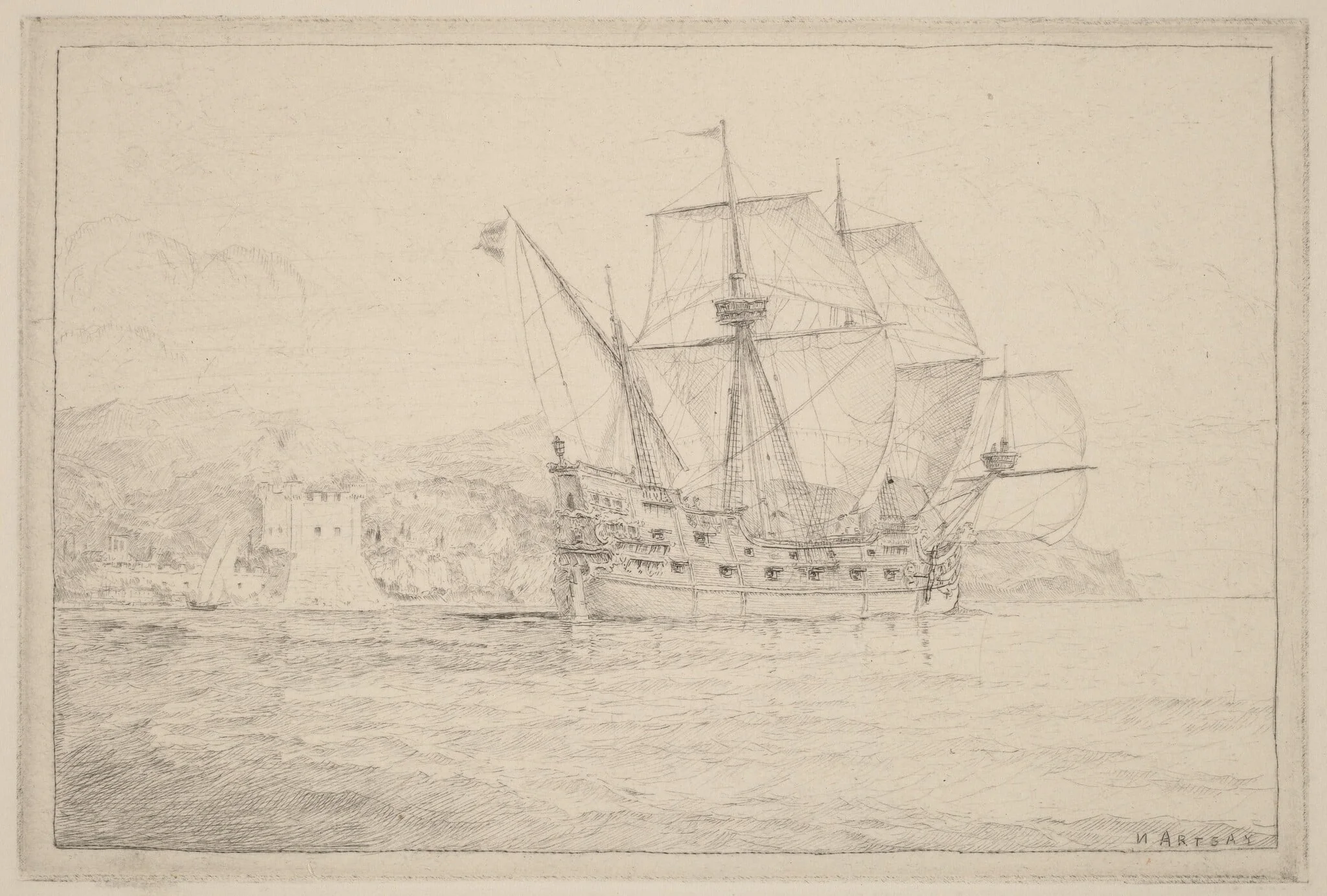 Ship under Sail, by N. Artsay, ink, 1840