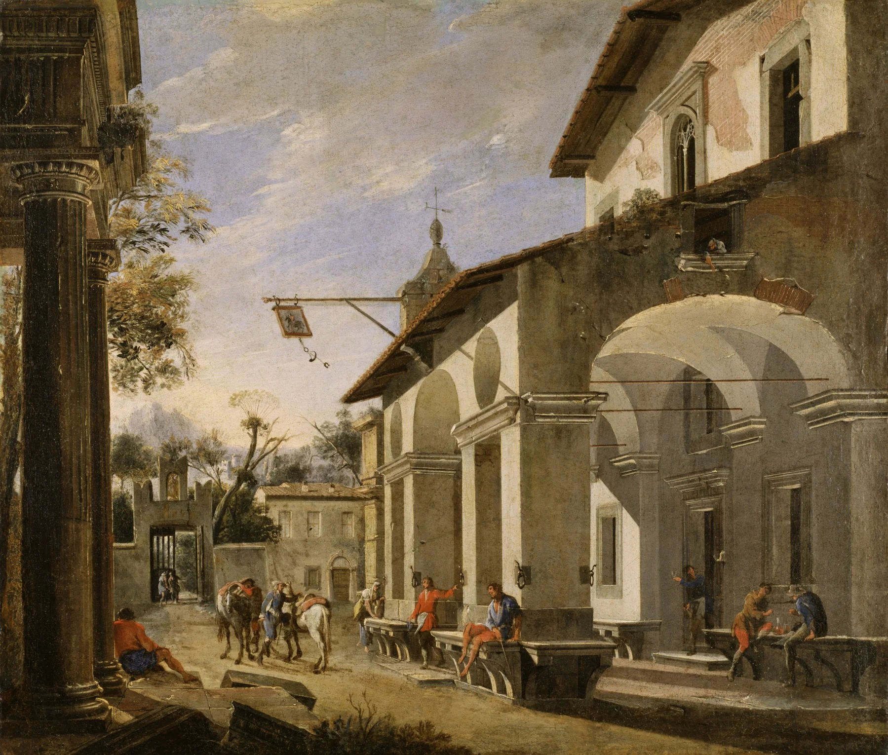 Courtyard of an Inn with Classical Ruins, by Domenico Gargiulo, oil, 1634