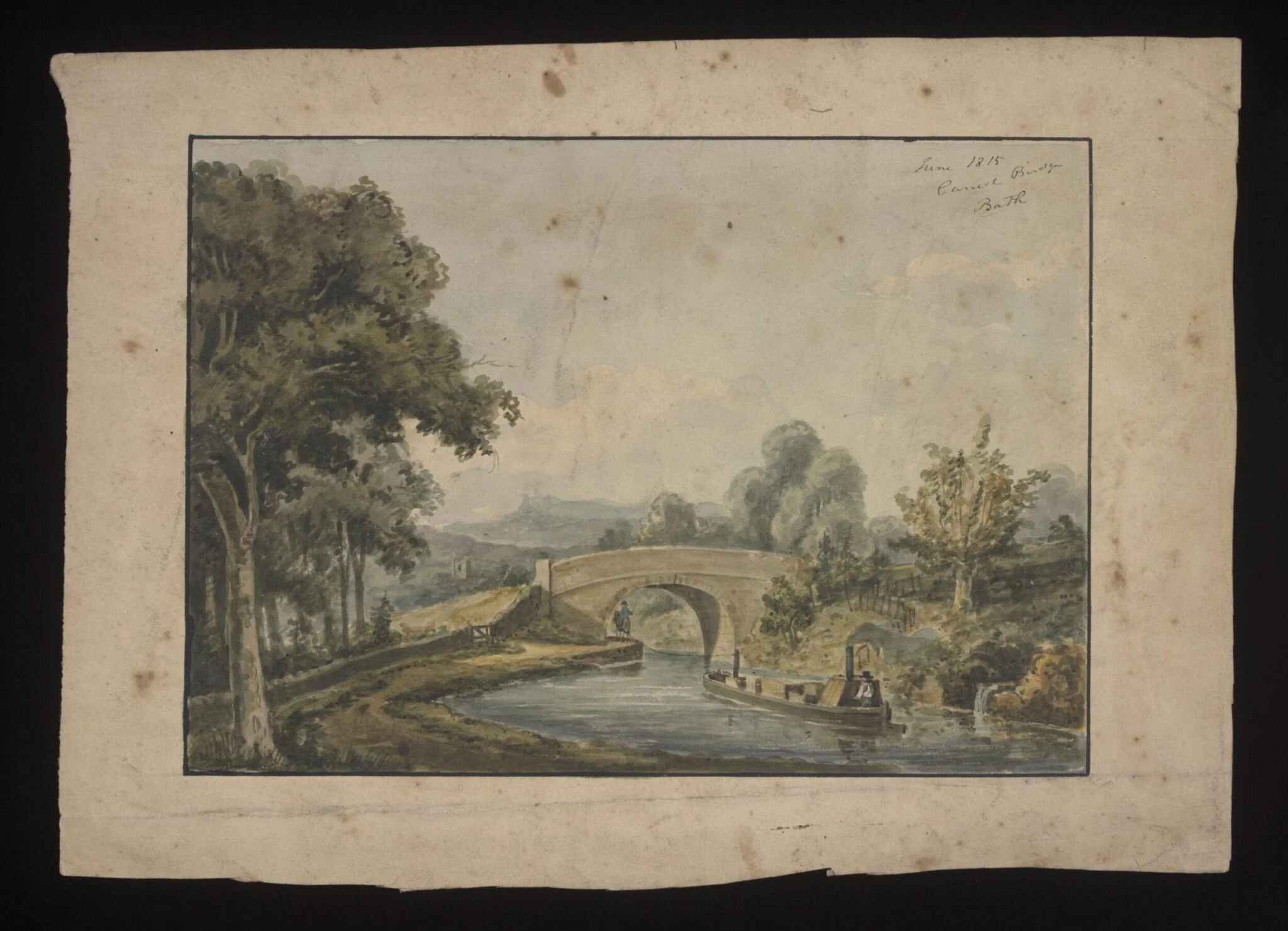 Watercolour drawing by the Grieve family, probably by John Henderson Grieve, showing a canal bridge near Bath