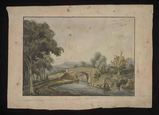 Watercolour drawing by the Grieve family, probably by John Henderson Grieve, showing a canal bridge near Bath