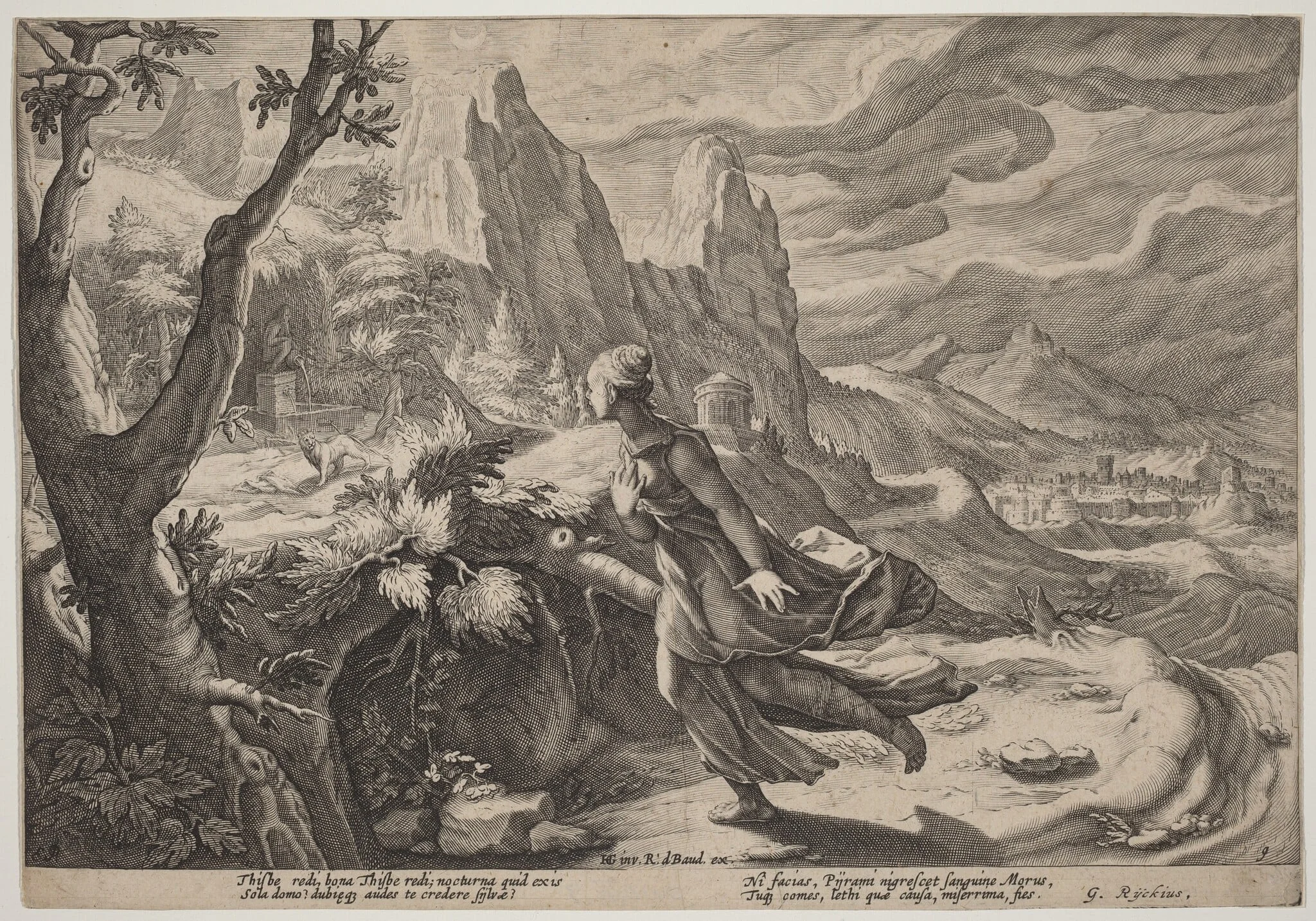 Thisbe Frightened by the Lion, by Hendrik Goltzius, ink, 1615