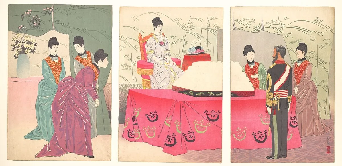 参謀本部行啓之図|Illustration of the  Empress Visiting the General Staff Headquarters [to present a tray of bandages]  (Sanbō honbu gyōkei no zu), by Kobayashi Kiyochika, ink, 1895