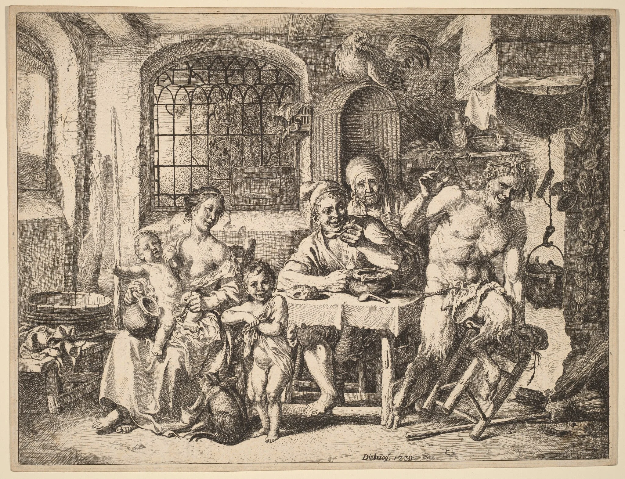 A Satyr Visiting a Peasant Family, by Christian Wilhelm Ernst Dietrich, ink, 1739