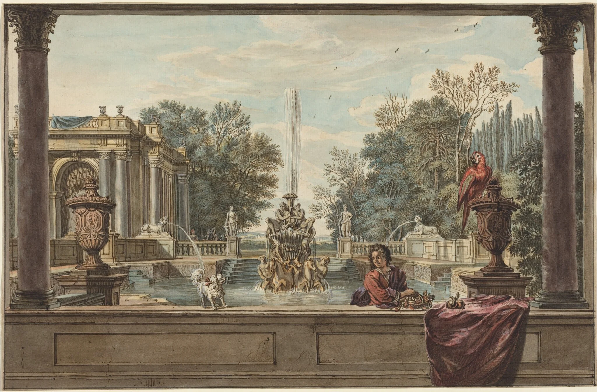 An Italianate Garden with a Parrot, a Poodle, and a Man, by Isaac de Moucheron, chalk, 1734