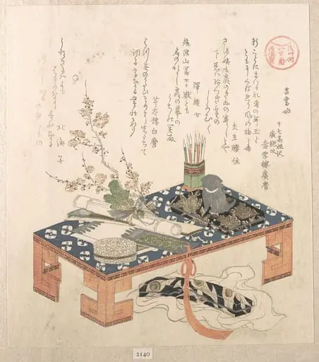 『浅草側いせ暦』　文房具と梅熨斗『春雨集』　摺物帖 |“Desk with Writing Set and Plum Flowers,” from the series Ise Calendars for the Asakusa Group (Asakusa-gawa Ise goyomi)From the Spring Rain Collection (Harusame shū), vol. 2