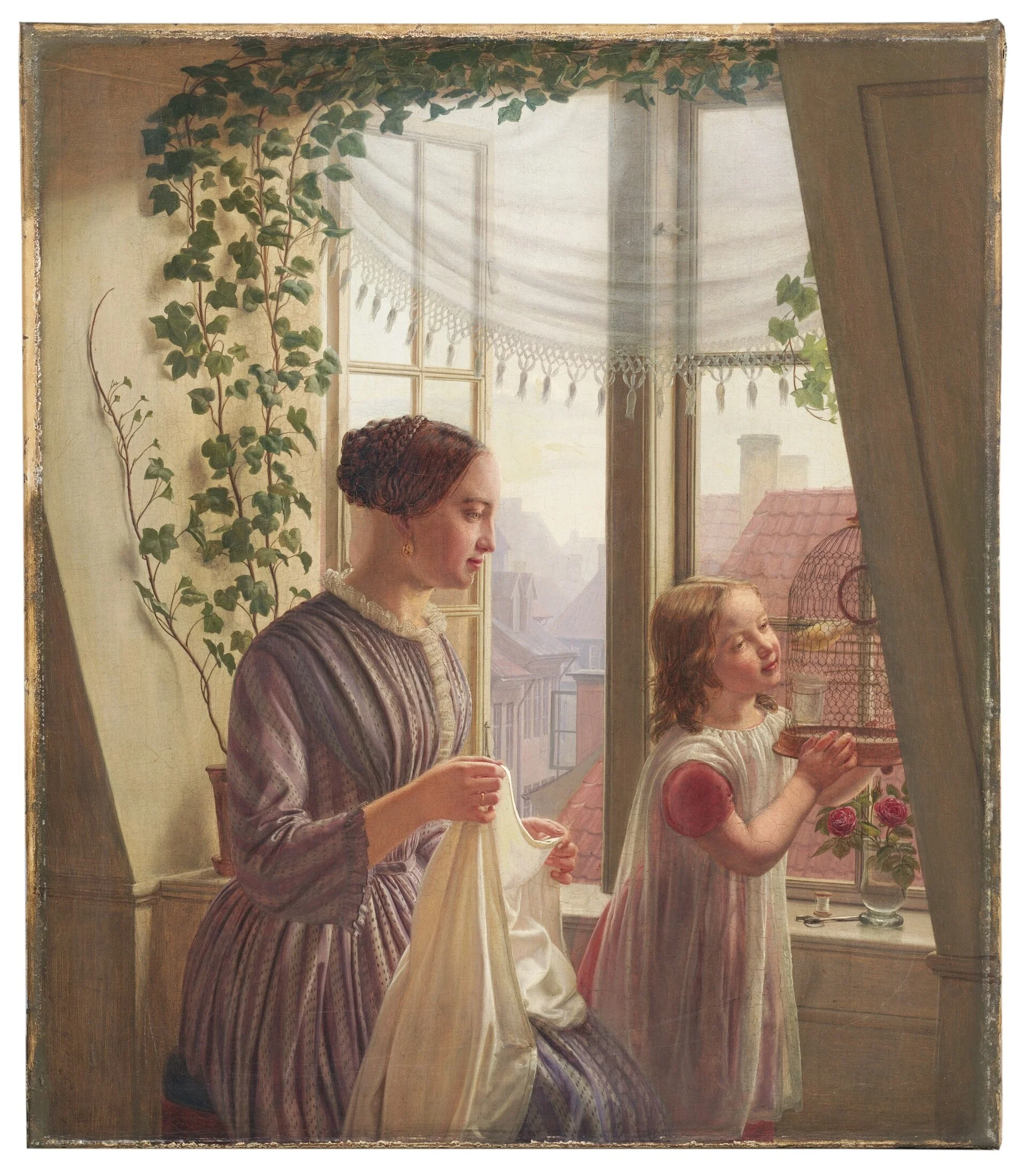 Interior with mother and daughter at the window, by Ludvig August Smith, oil, 1853