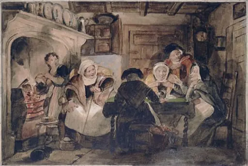 A cottage interior with a group of old women drinking tea and conversing