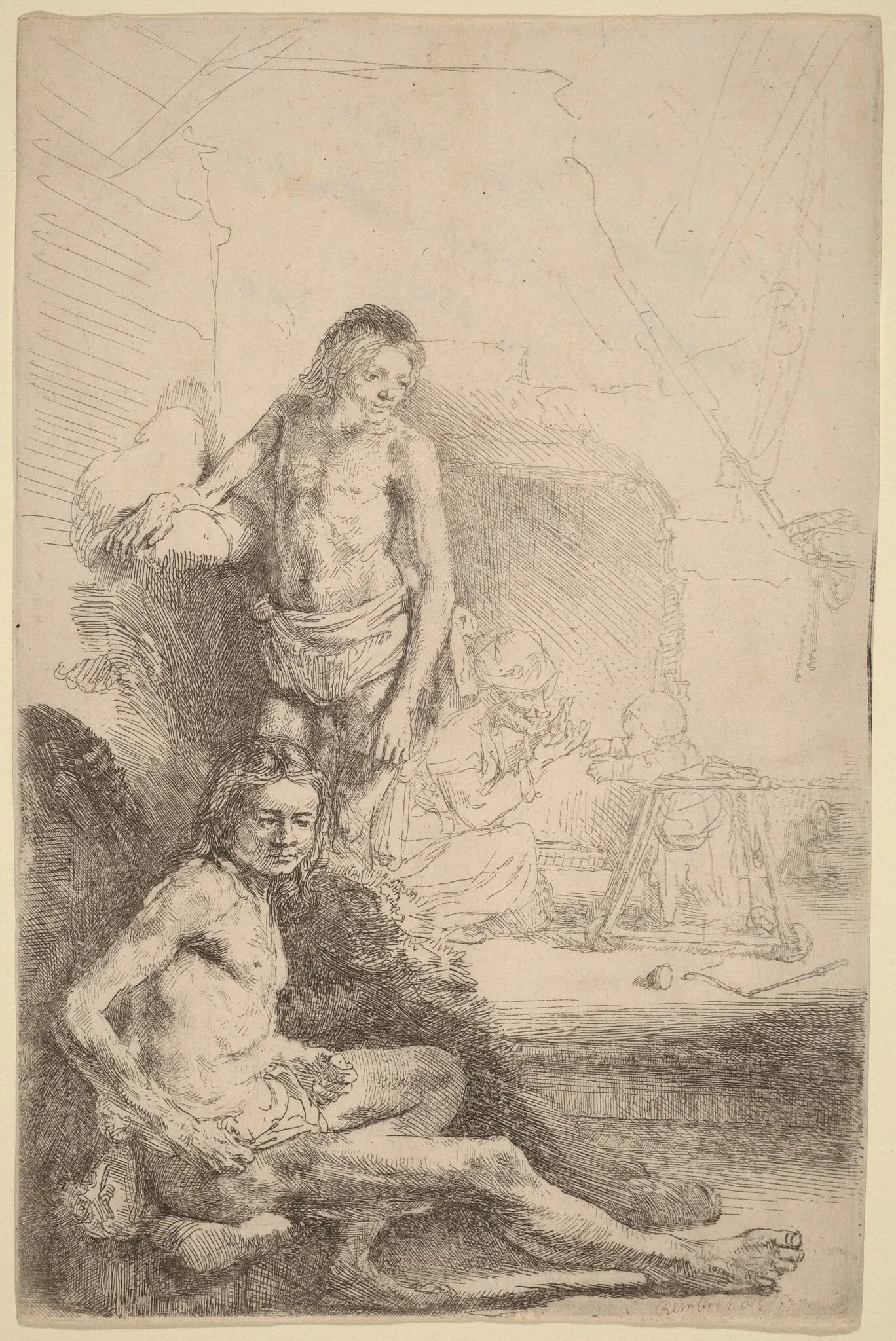 Nude Man Seated and Nude Man Standing,  with a Woman and Baby in the Background, by Rembrandt, ink, 1646
