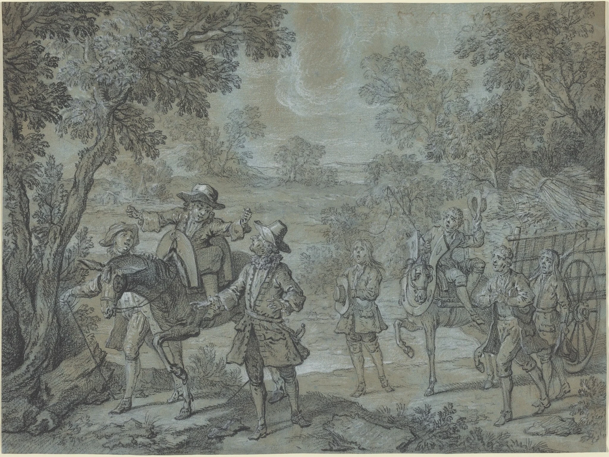 Ragotin declame des vers;  des paysans croient qu'il preche, by Jean-Baptiste Oudry, chalk, 1737