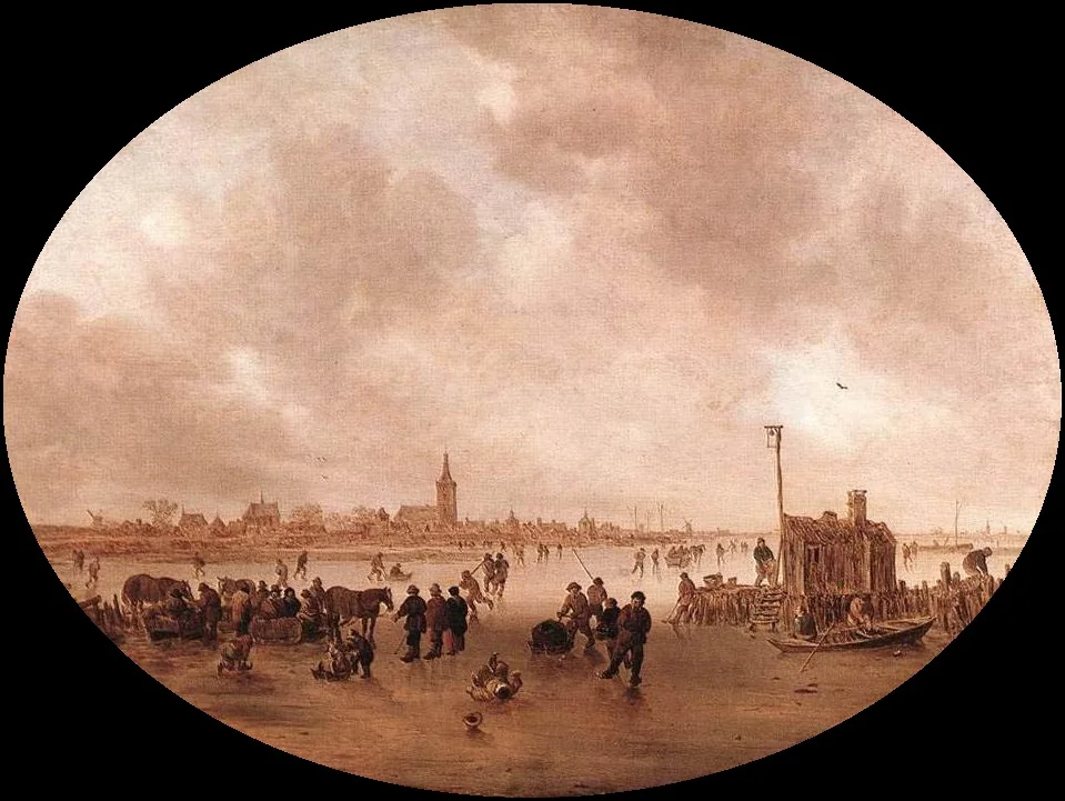 An Ice Track on a Frozen River, by Jan van Goyen, oil, 1643