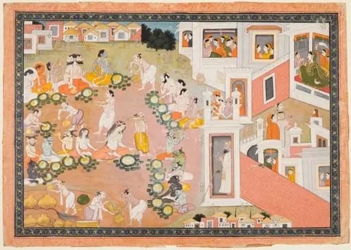 Feast where Vishnu decides he will incarnate as King Dasharatha’s sons, from Chapters 14–15 of the "Bala Kanda" (Book of Childhood) of a Ramayana (Rama’s Journey)