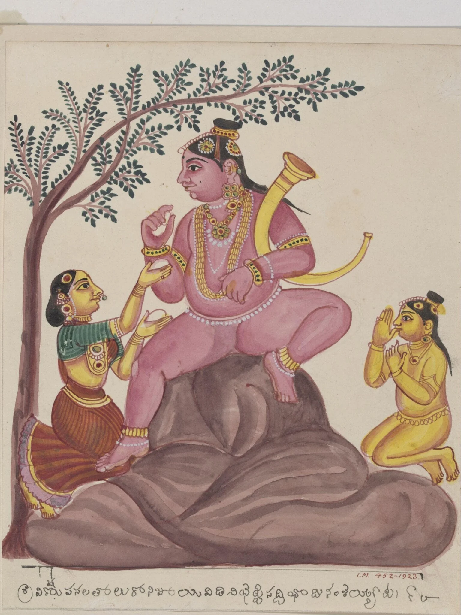 Krishna seated on a hill being fed by Yasoda, by Unknown, paint, 1825