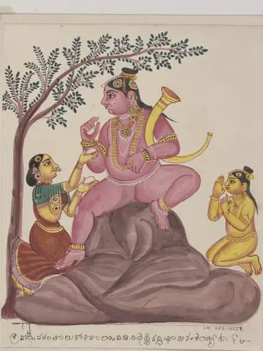 Krishna seated on a hill being fed by Yasoda
