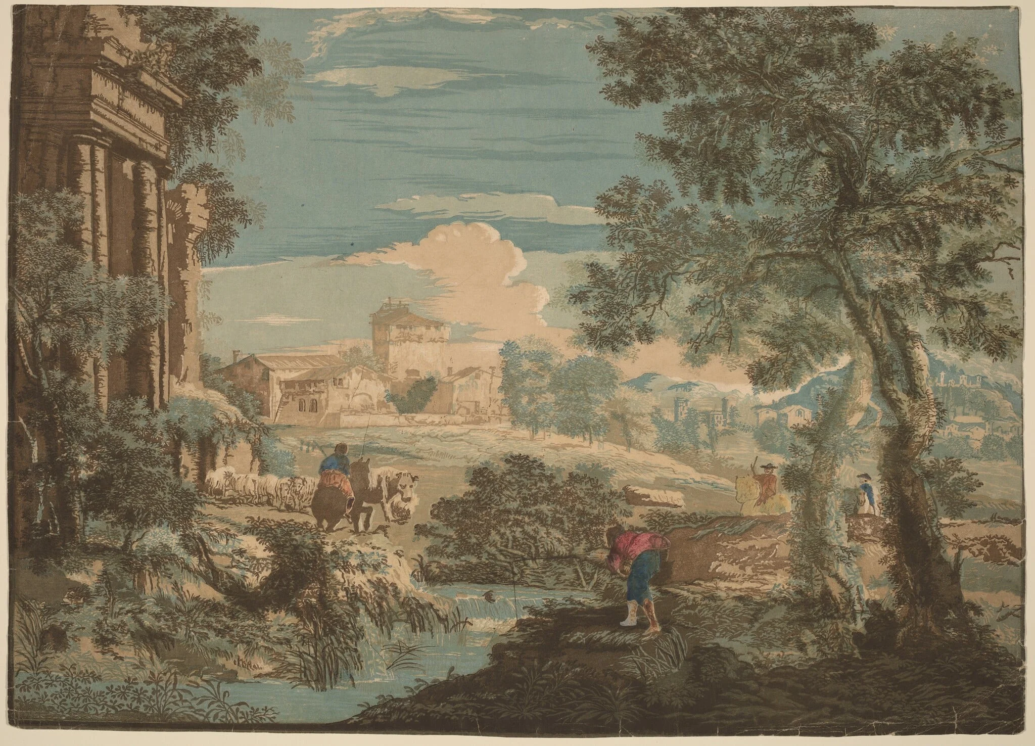 Heroic Landscape with Fisherman, Cows, and Horsemen, by John Baptist Jackson, ink, 1744