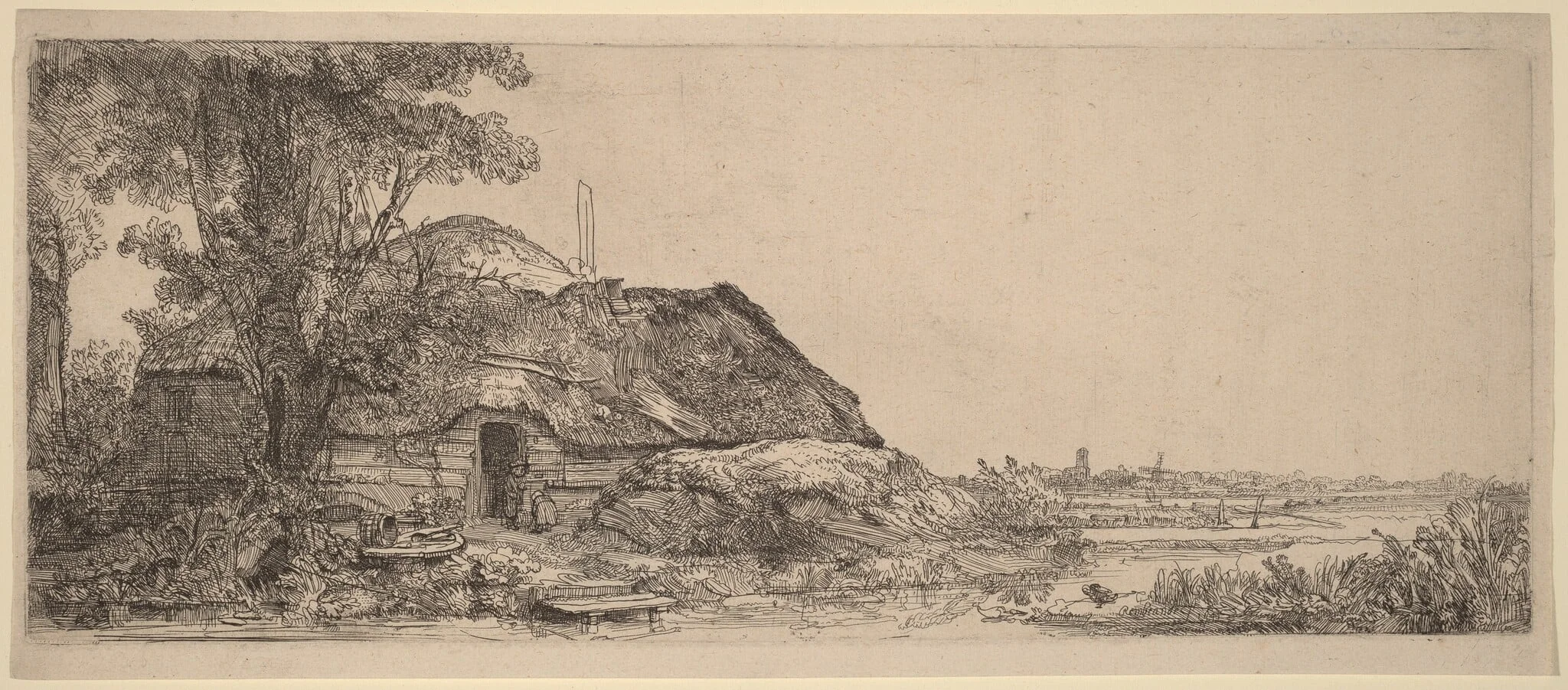 Landscape with a Cottage and a Large Tree, by Rembrandt, ink, 1641