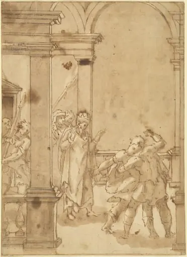 Two Figures Struggling before a King