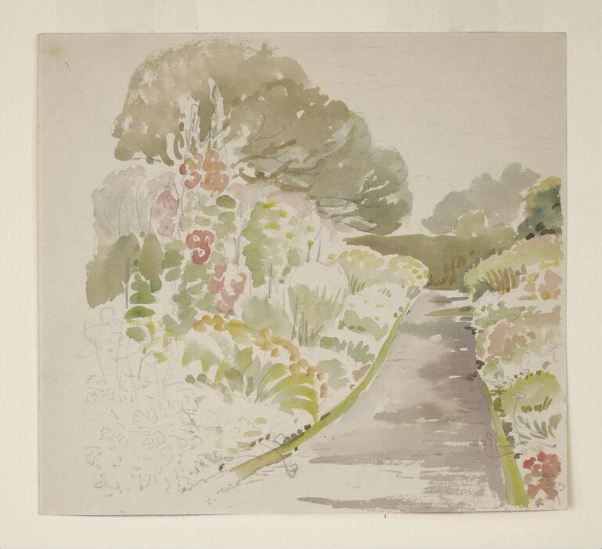 Sketch of a path and flower beds in the garden at Gwaynynog, by Beatrix Potter, watercolor, 1909