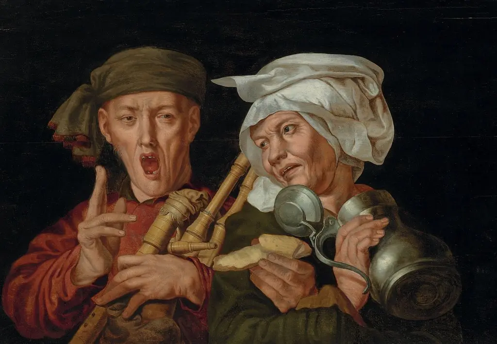 Bagpipe player and a woman holding a pewter jug