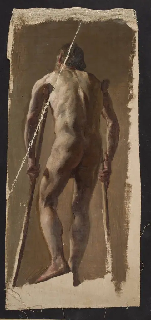 Nude of an old man leaning on crutches, back view