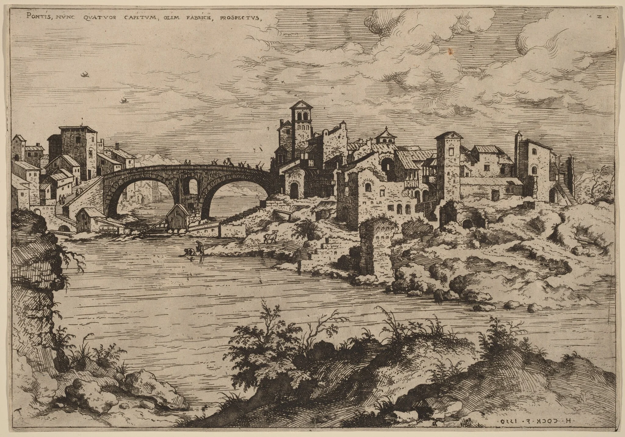 View of the Ponte Quattro Capi and the Island of the Tiber, by Hieronymus Cock, ink, 1550