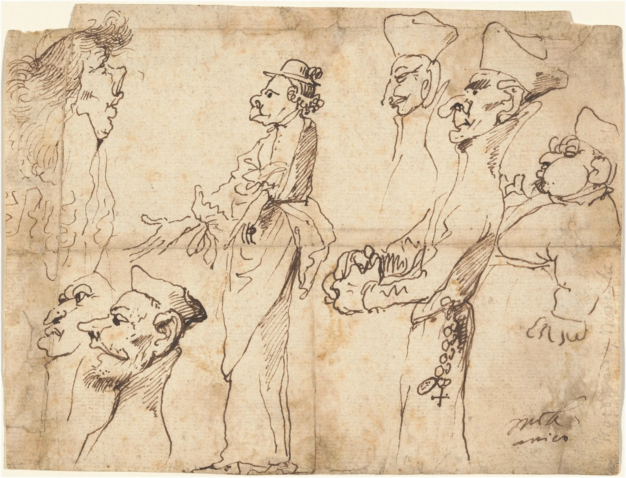 Caricatures of Clerics and Priests, by Pier Francesco Mola, ink, 1650