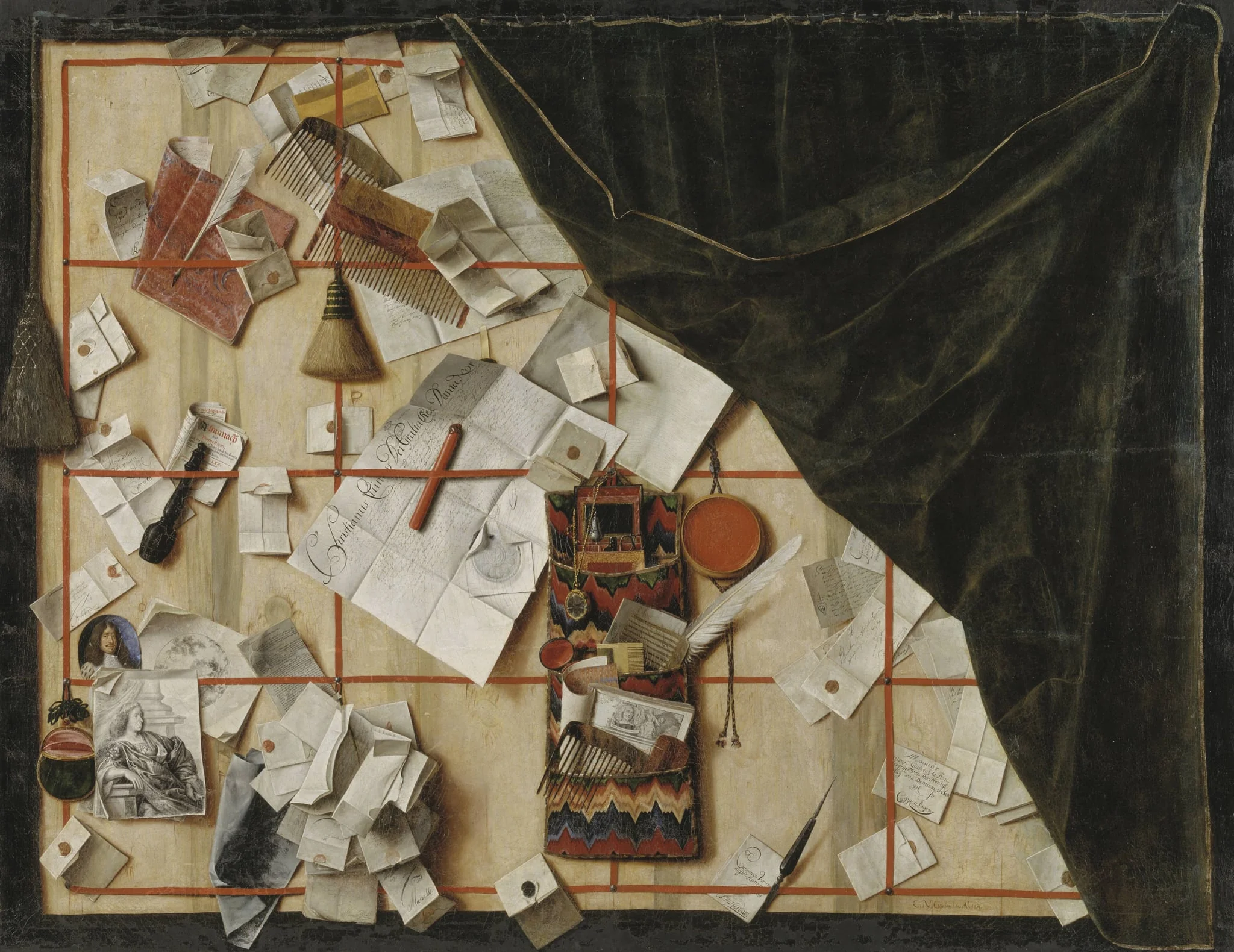 Trompe l'oeil of a Letter Rack with Christian V's Proclamation, by Unknown, 1671