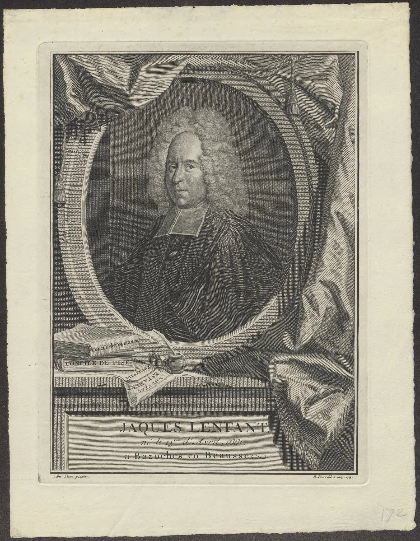 Portrait of Jacques Lenfant, theologian, by Bernard Picart, unspecified, 1723