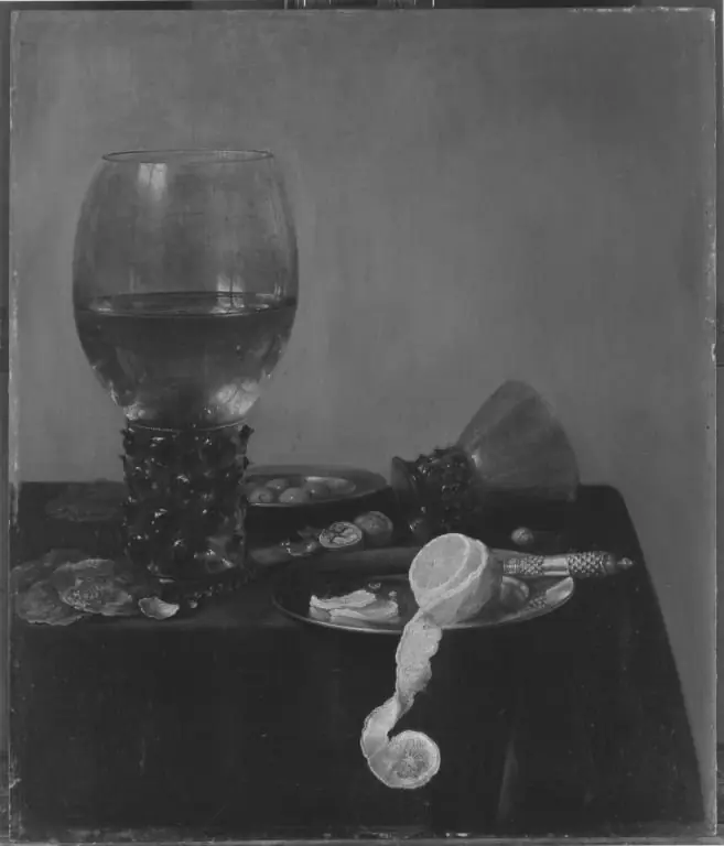 Still life with rummer, oysters, lemon and olives