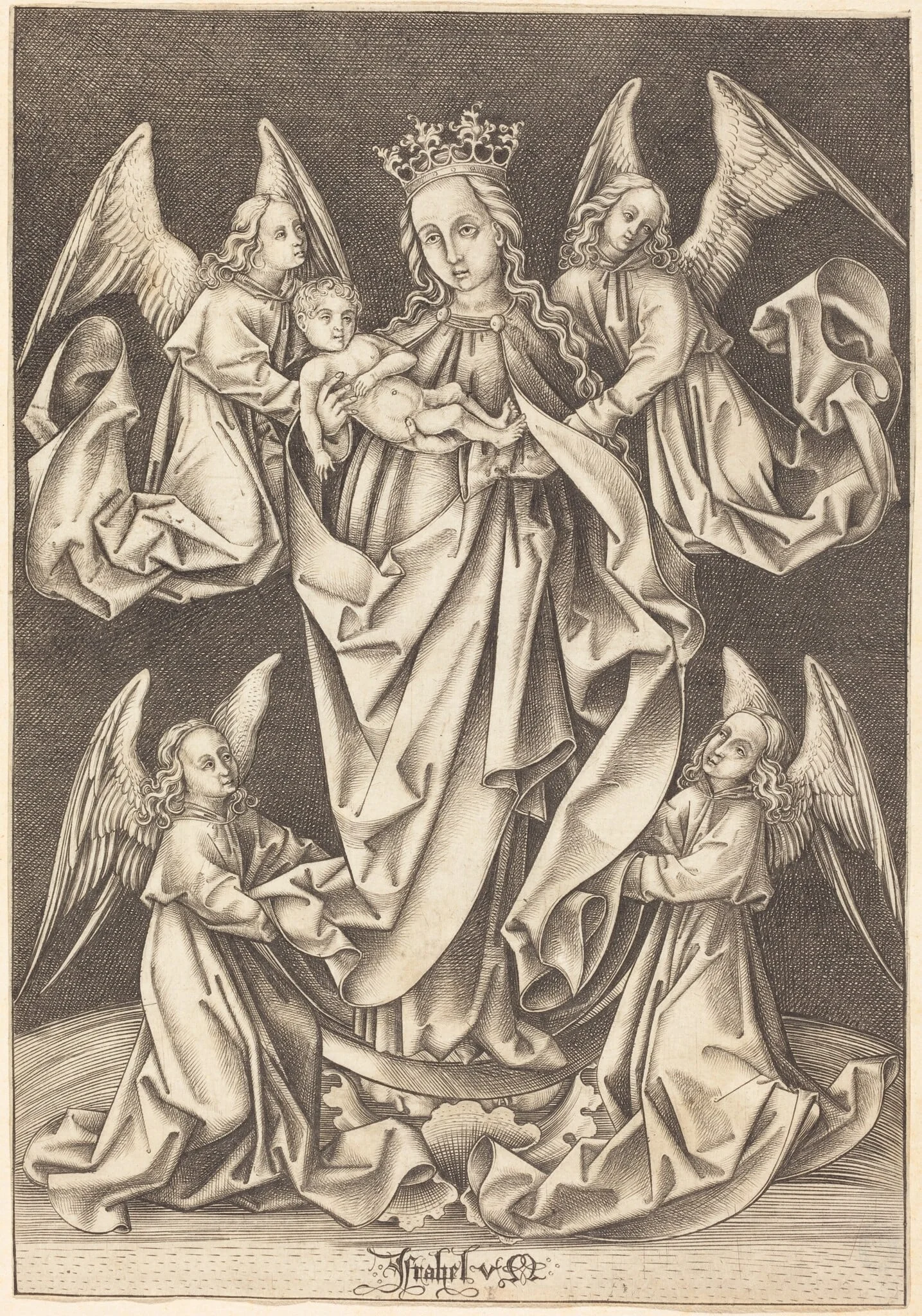 The Madonna and Child on the Crescent Supported by Four Angels, by Israhel van Meckenem, ink, 1495