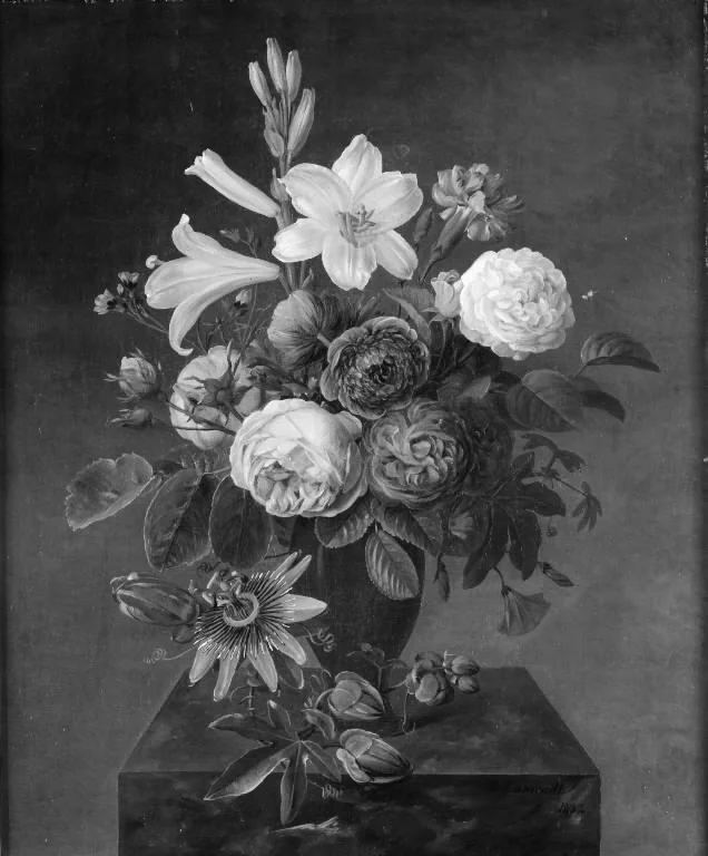 En vase med blomster, by Johannes Ludvig Camradt, oil, 1837