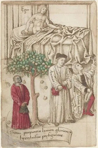 An Ape in Purple with a Sick Man, a Good Man, and a Miser [fol. 36 verso]