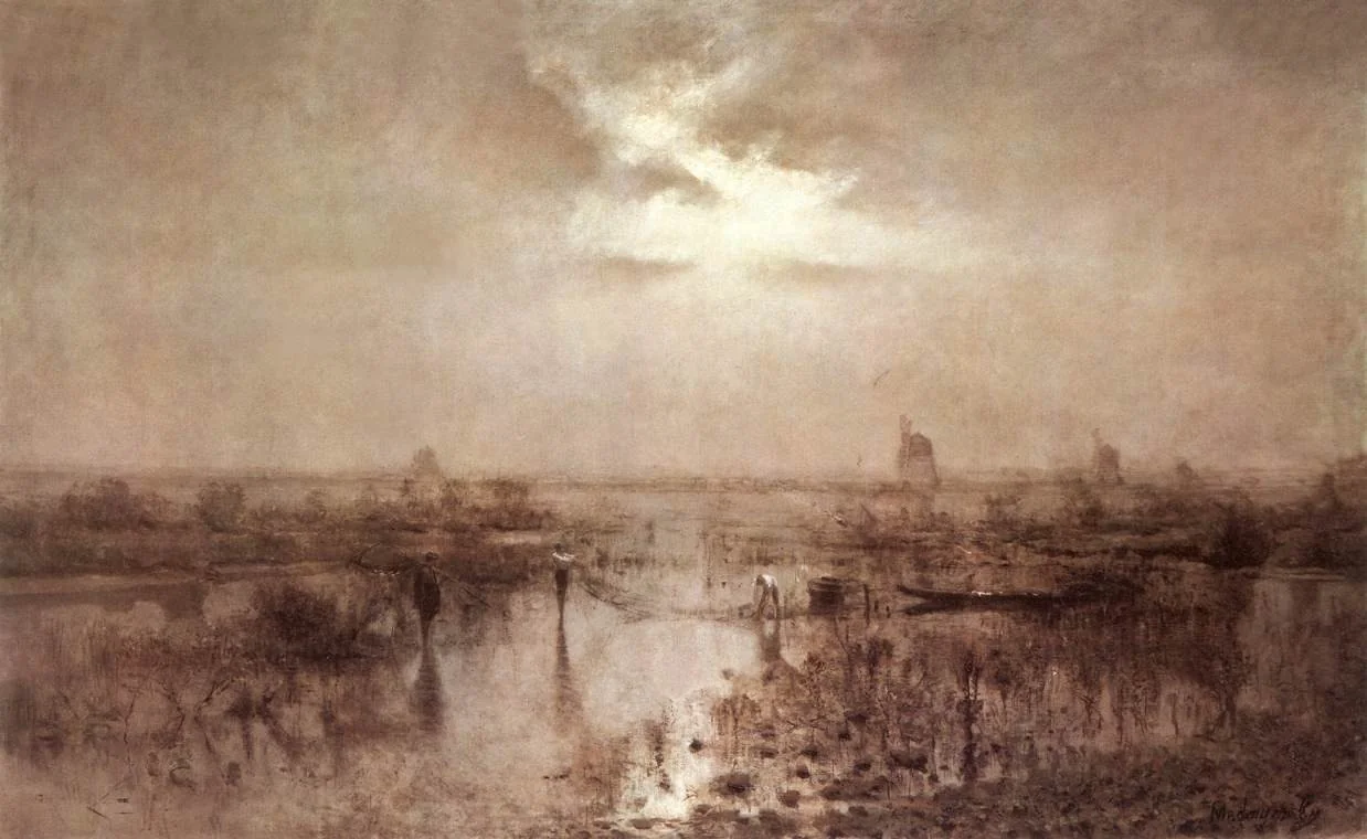 Fishing by the River Tisza, by László Mednyánszky, oil, 1890