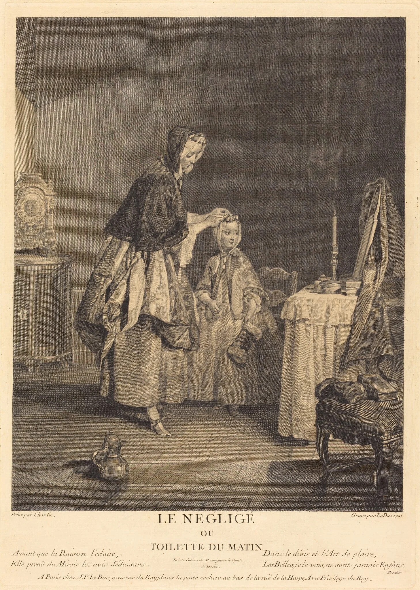 Le neglige, ou la toilette du matin, by Jacques-Philippe Le Bas, ink, 1741