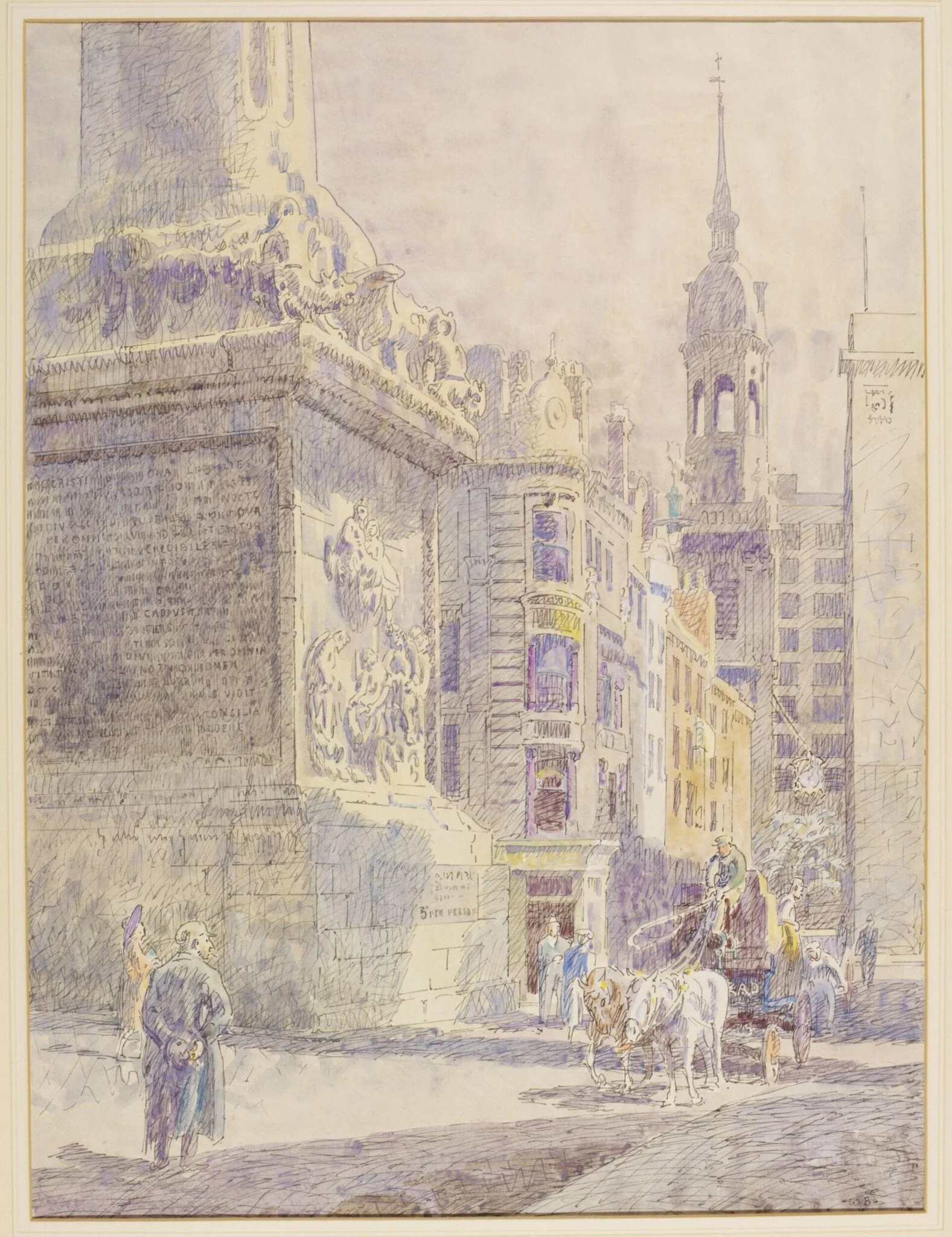 Fish Street Hill, E.C.3; showing the base of the Monument, and the steeple of St.Magnus the Martyr, by Bayes, watercolor, 1940