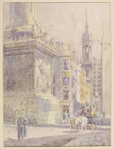 Fish Street Hill, E.C.3; showing the base of the Monument, and the steeple of St.Magnus the Martyr