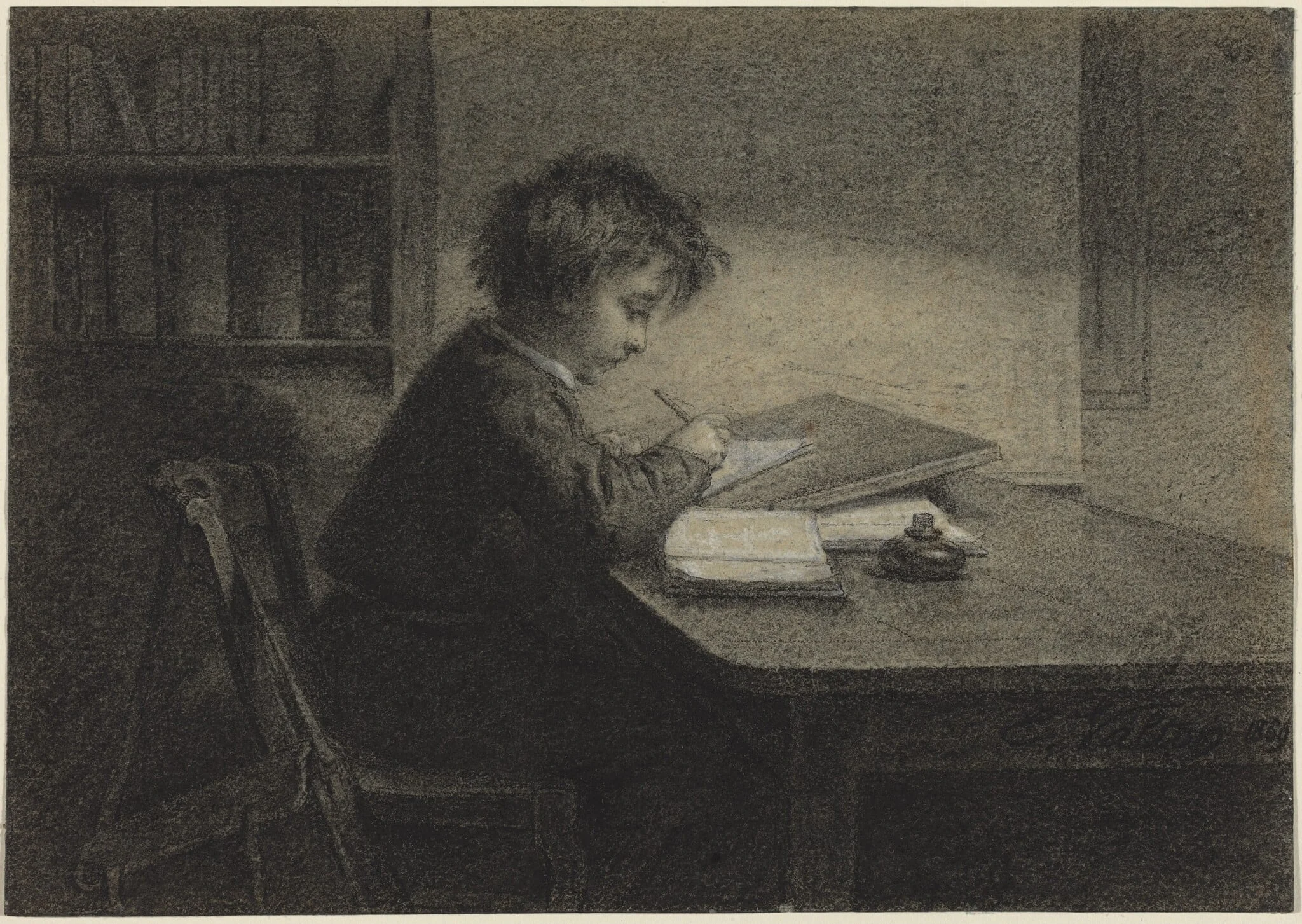 The Scholar, by Edmond Eugène Valton, chalk, 1869