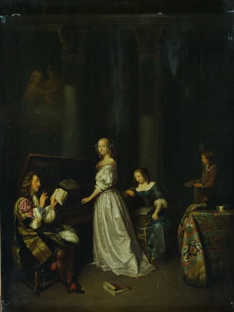 Singing lesson, by Caspar Netscher, oil, 1650
