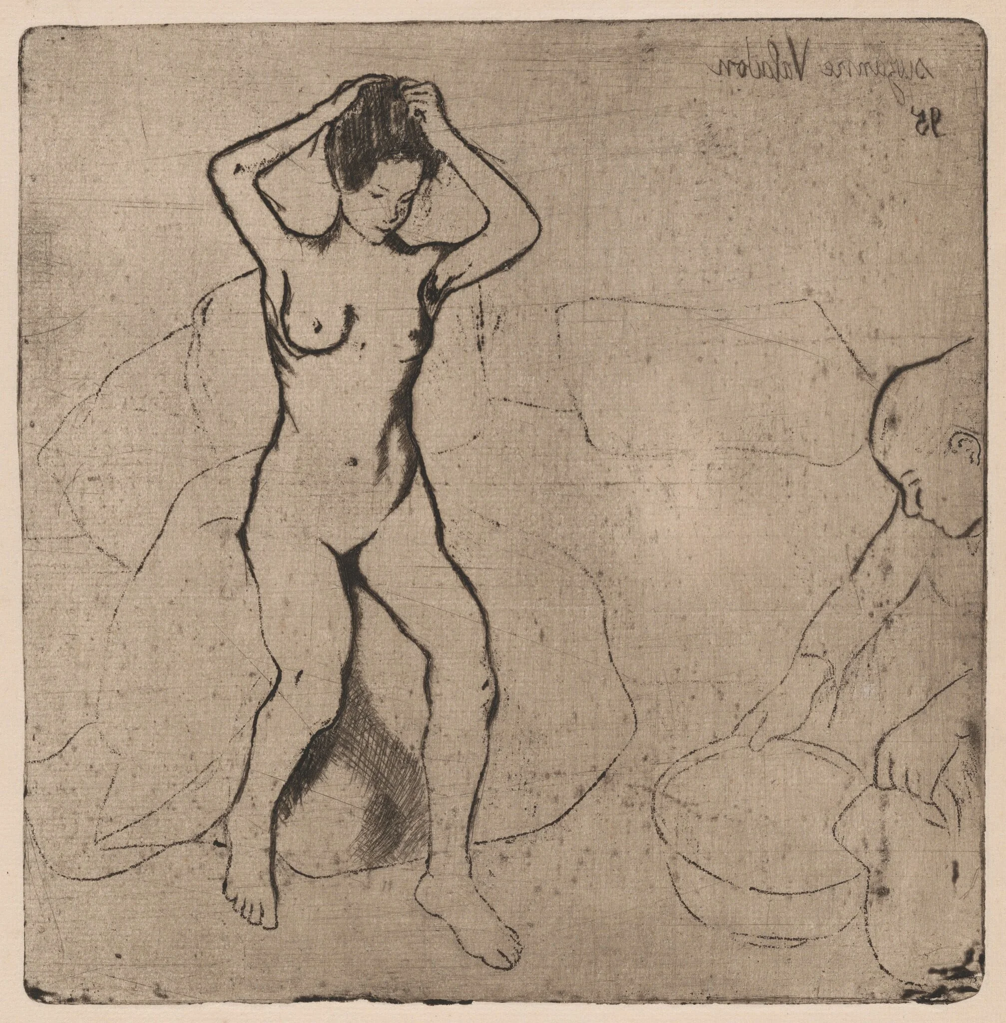 Catherine prépare le tub et Louise nue se coiffe (Catherine Prepares the Bath and Louise, Nude, Fixes her Hair), by Suzanne Valadon, ink, 1895