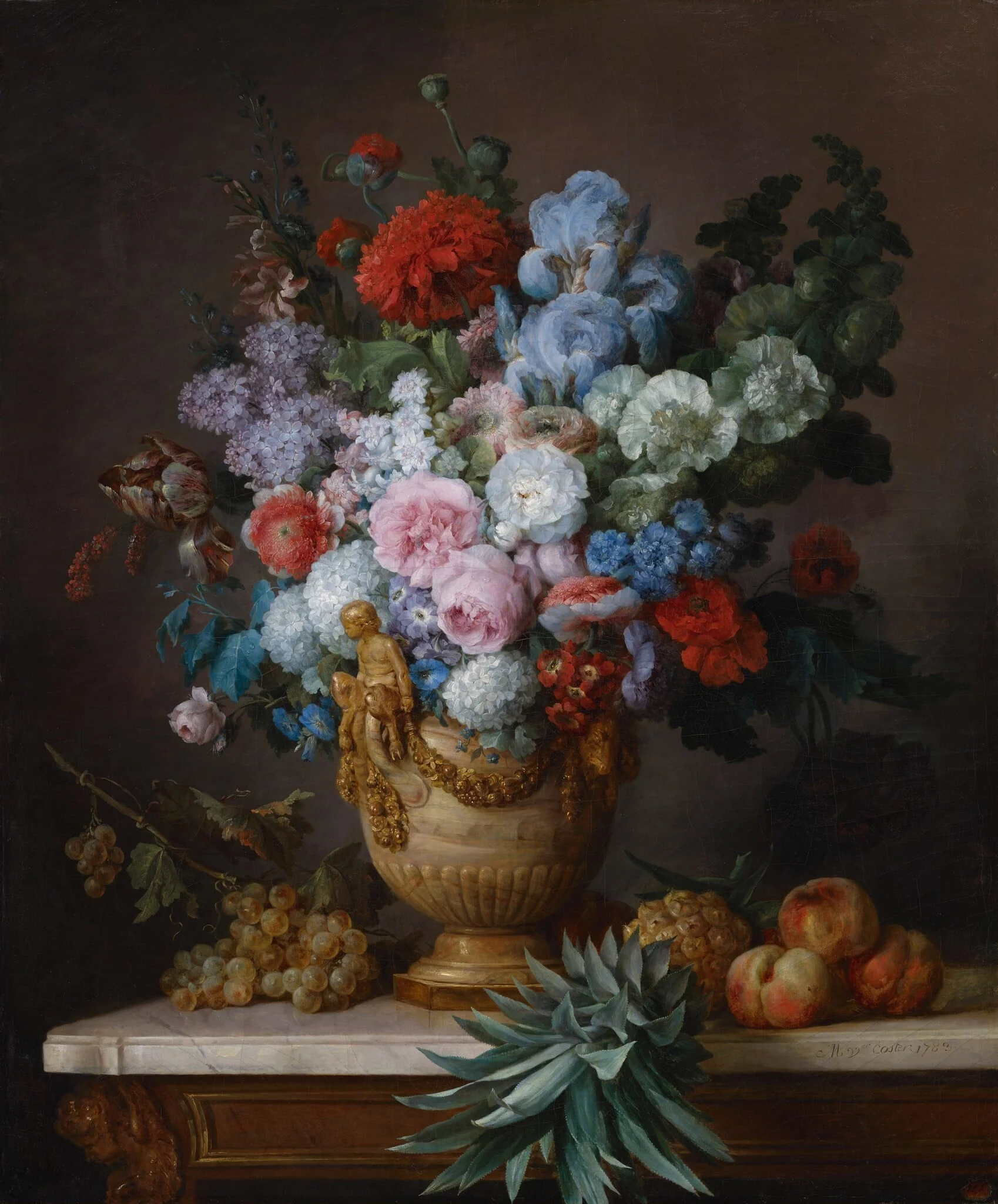 Still Life with Flowers in an Alabaster Vase and Fruit, by Anne Vallayer-Coster, oil, 1783