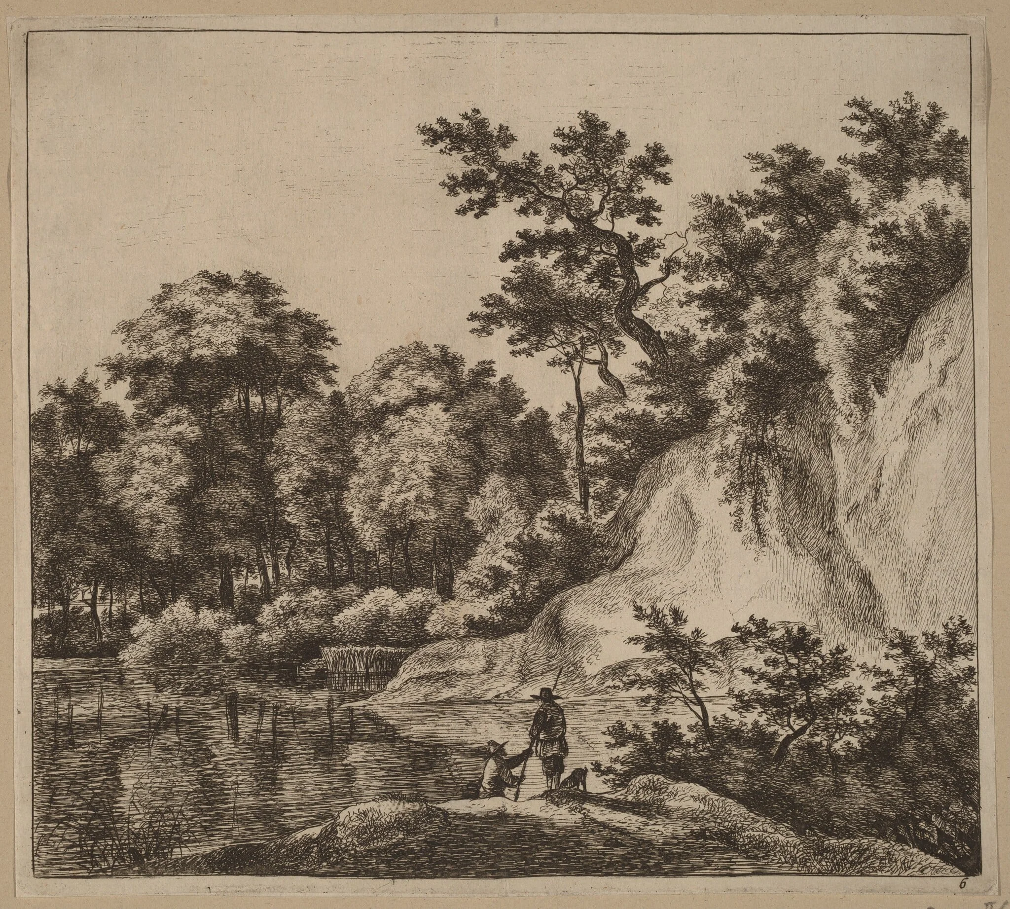 Landscape with River and Rock, by Jan Hackaert, ink, 1664