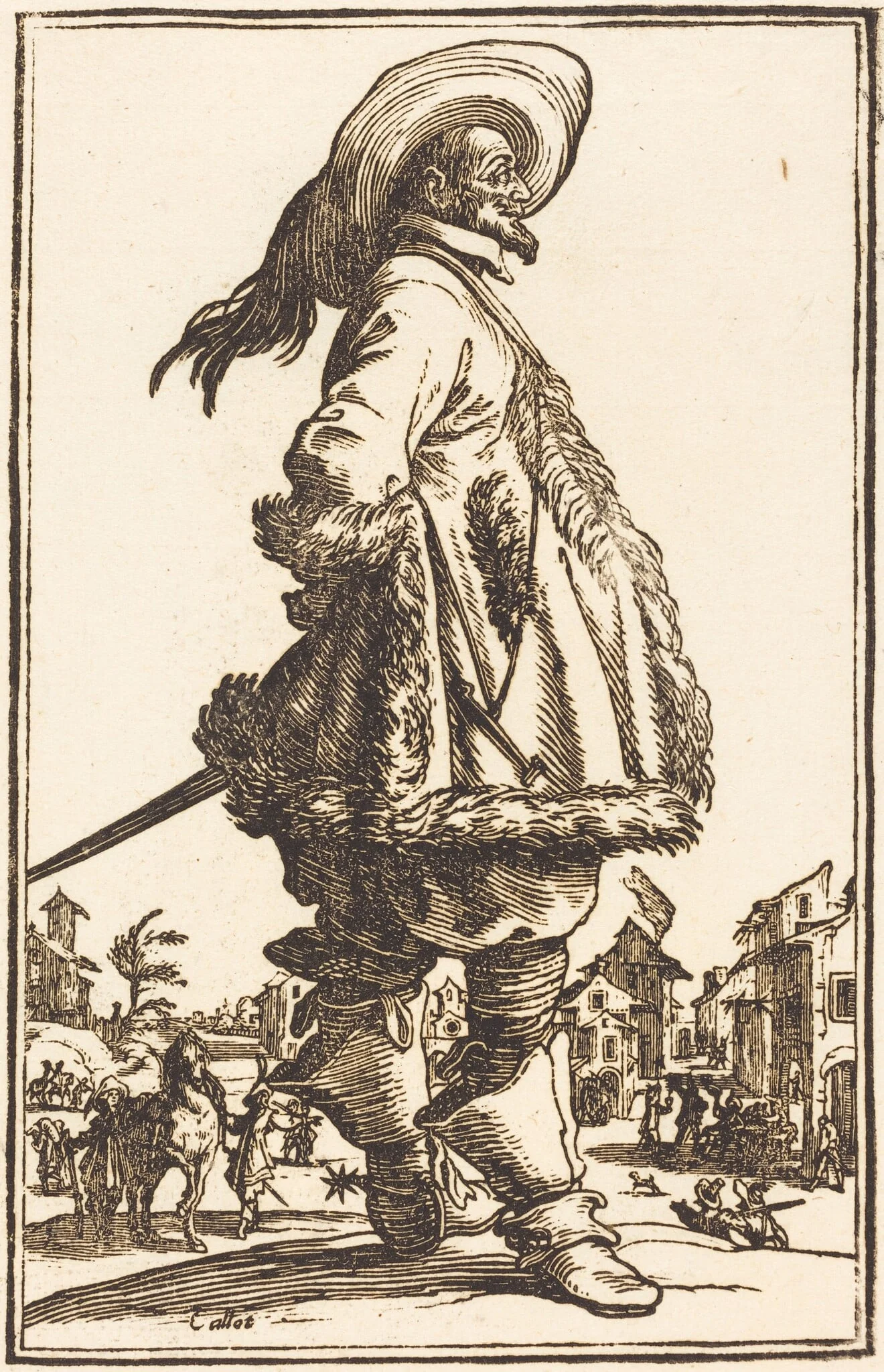 Noble Man with Mantle Trimmed in Fur, Holding his Hands Behind his Back, by French 17th Century, ink, 1623