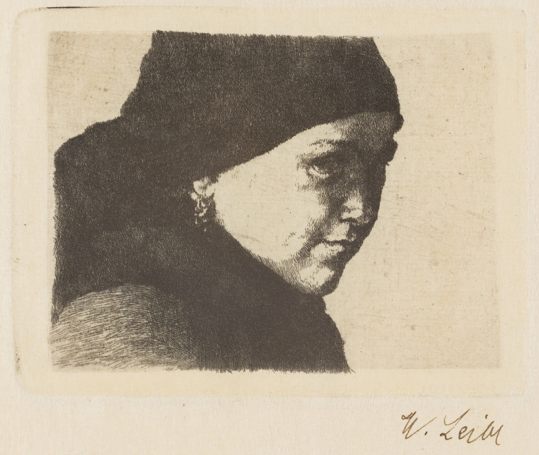 Therese Bauer (Head of a Young Farmgirl Facing Right), by Wilhelm Leibl, ink, 1876