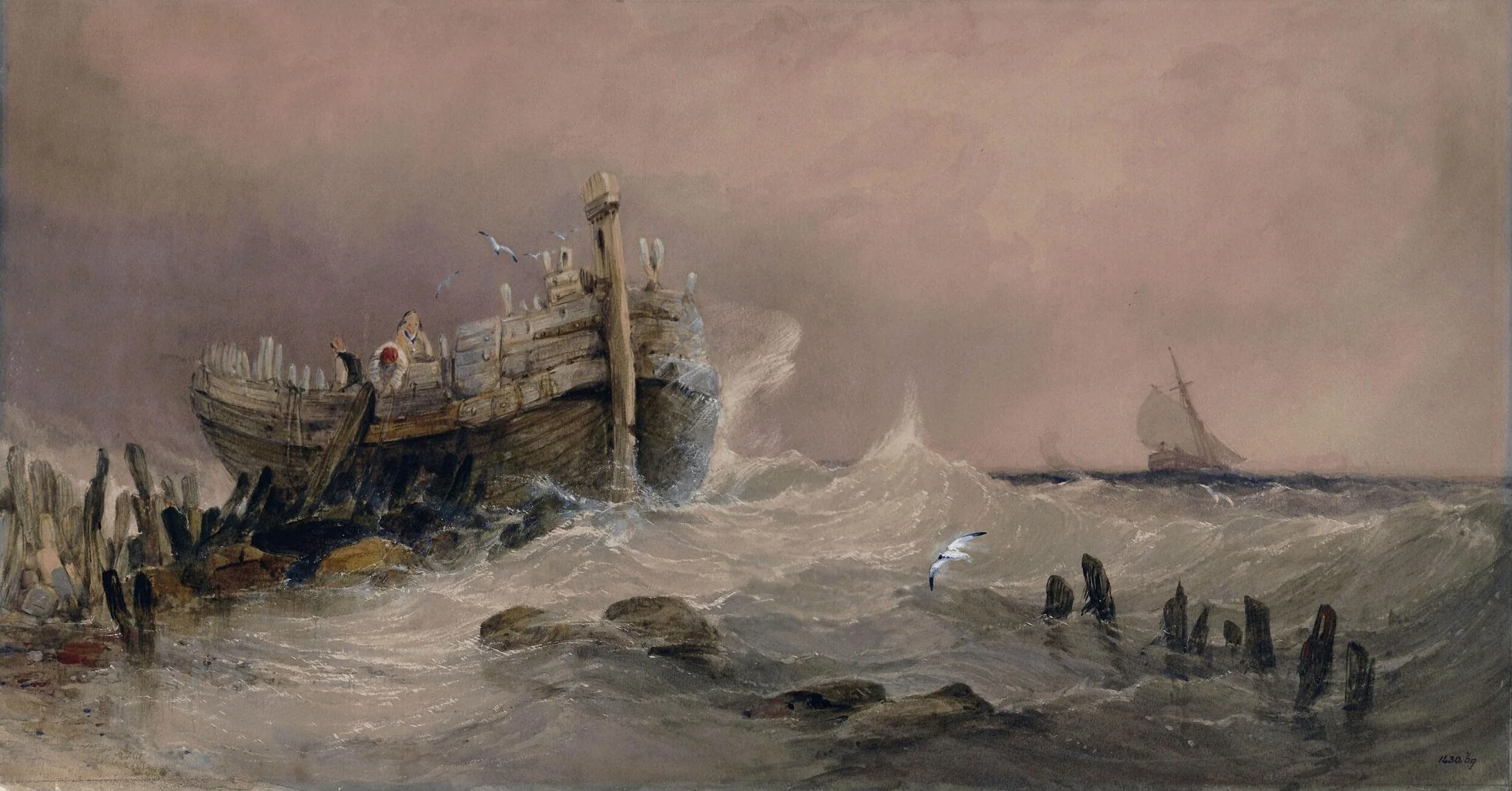 Old breakwater, coast of Essex, by Charles Bentley, watercolor, 1825