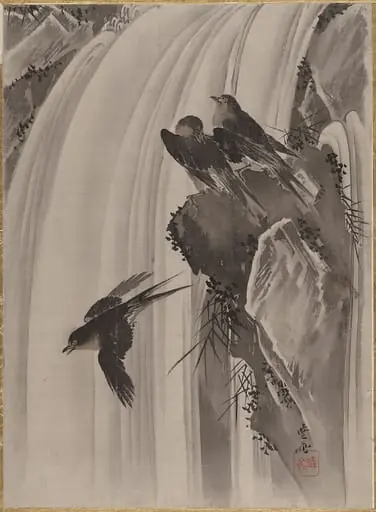 滝に燕図|Swallows by a Waterfall, by Kawanabe Kyōsai 河鍋暁斎