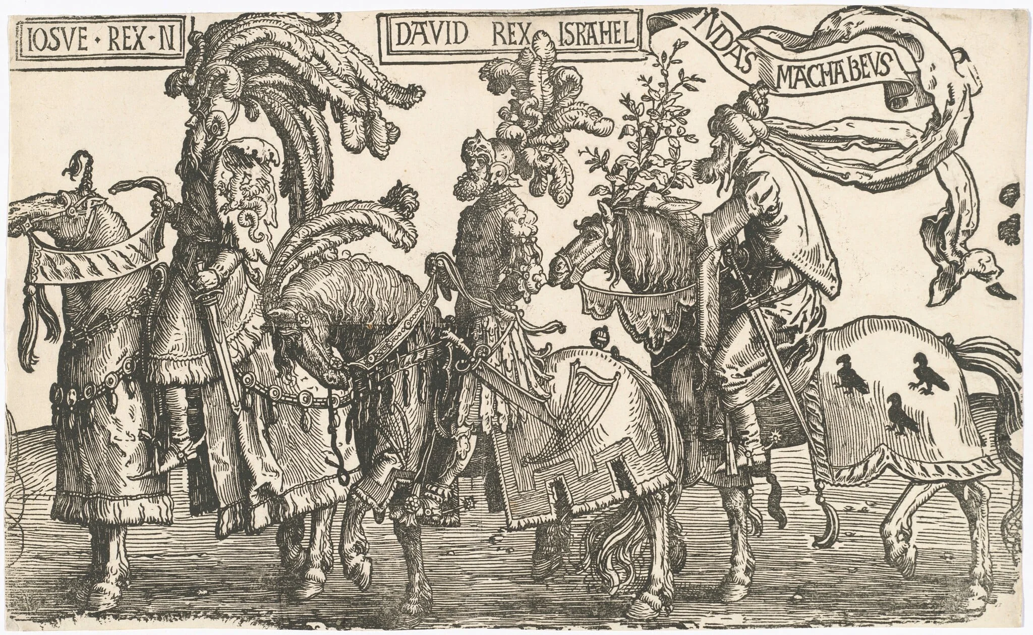 Joshua, David, Judas Maccabees, by Lucas van Leyden, ink, 1516
