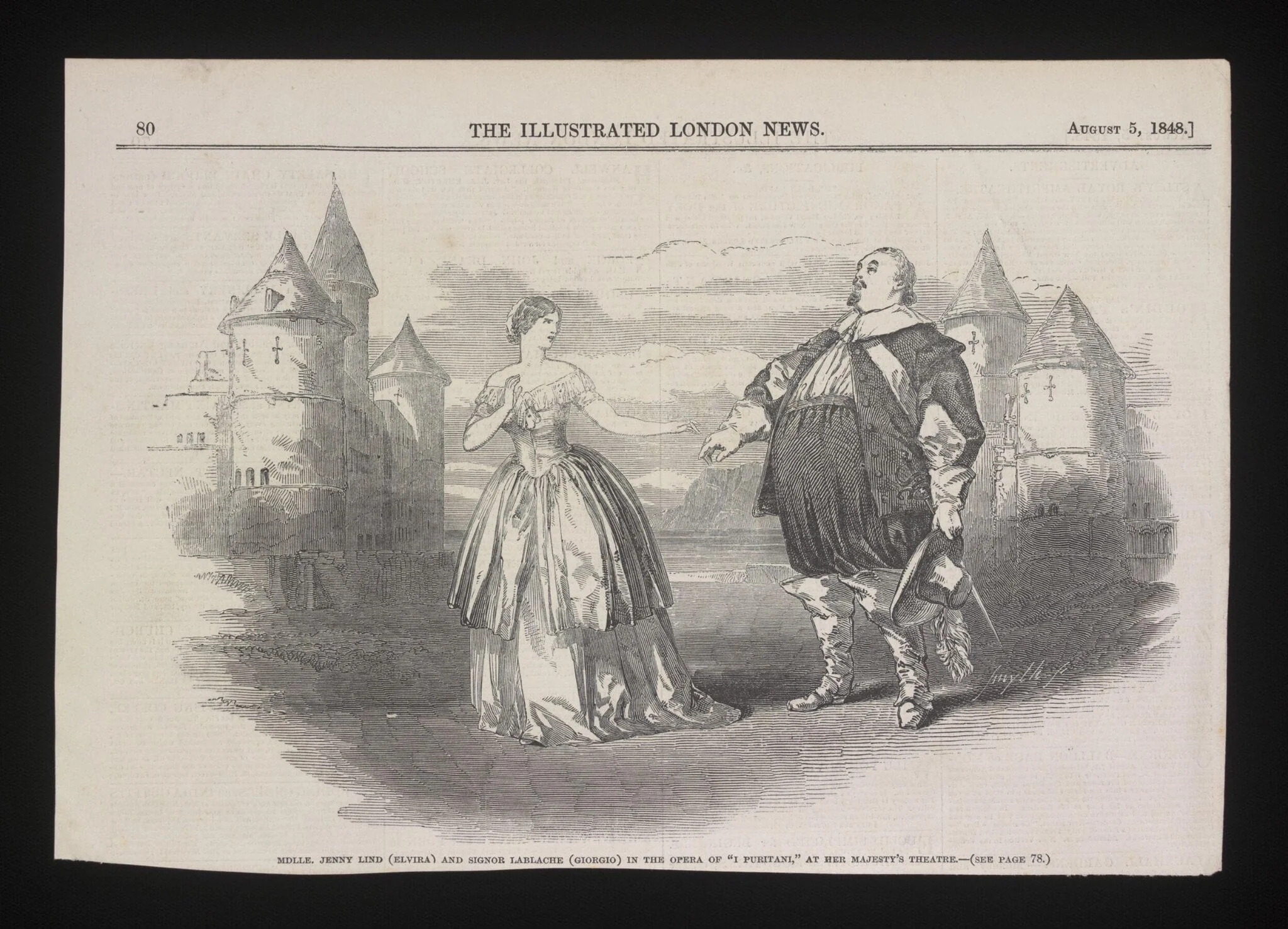 Mdlle. Jenny Lind (Elvira) and Signor Lablache (Giorgio) in the opera of ''I Puritani'', by Unknown, 1848