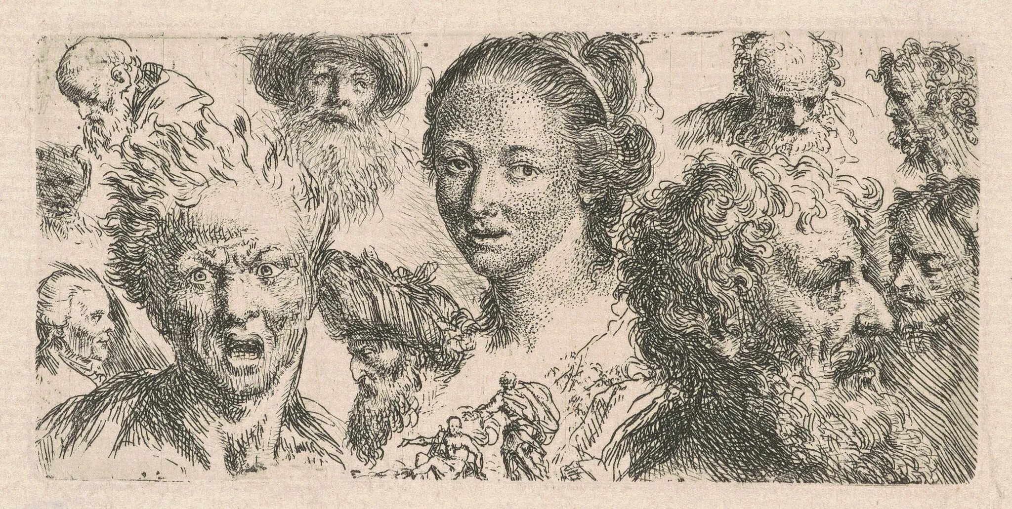 Studies of Eleven Heads, by Bartholomäus Ignaz Weiss, ink, 1774