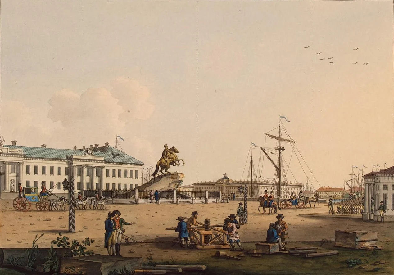 The equestrian statue of Peter I, with the surrounding, by Unknown, unspecified, 1800
