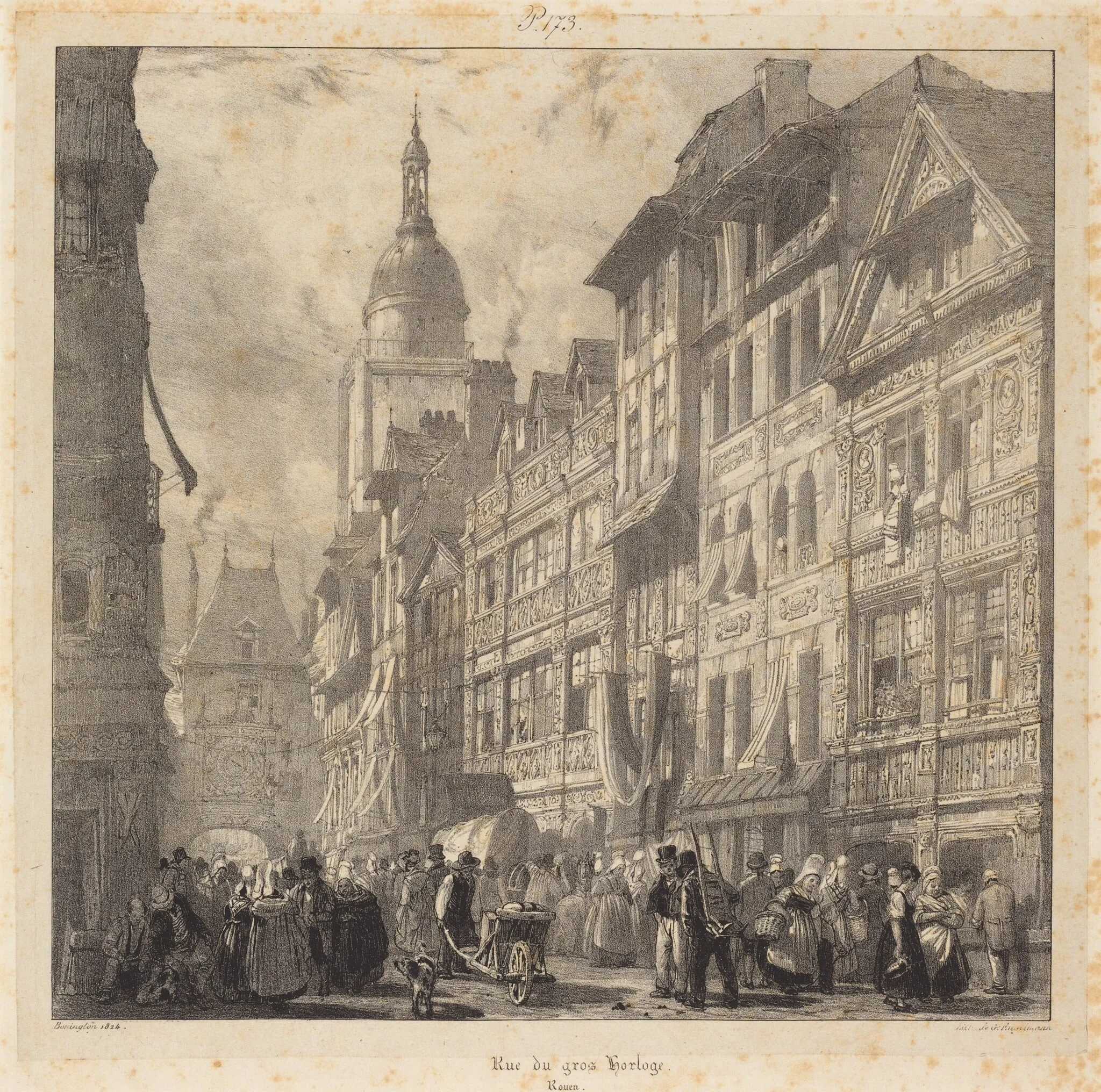 Rue du gros-horloge, Rouen, by Richard Parkes Bonington, ink, 1824
